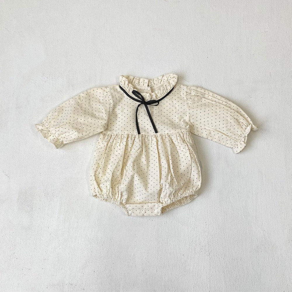 Baby Girls Long Sleeves Vintage Dots Pattern Bloom Collar Bodysuit