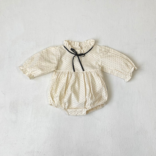 Baby Girls Long Sleeves Vintage Dots Pattern Bloom Collar Bodysuit