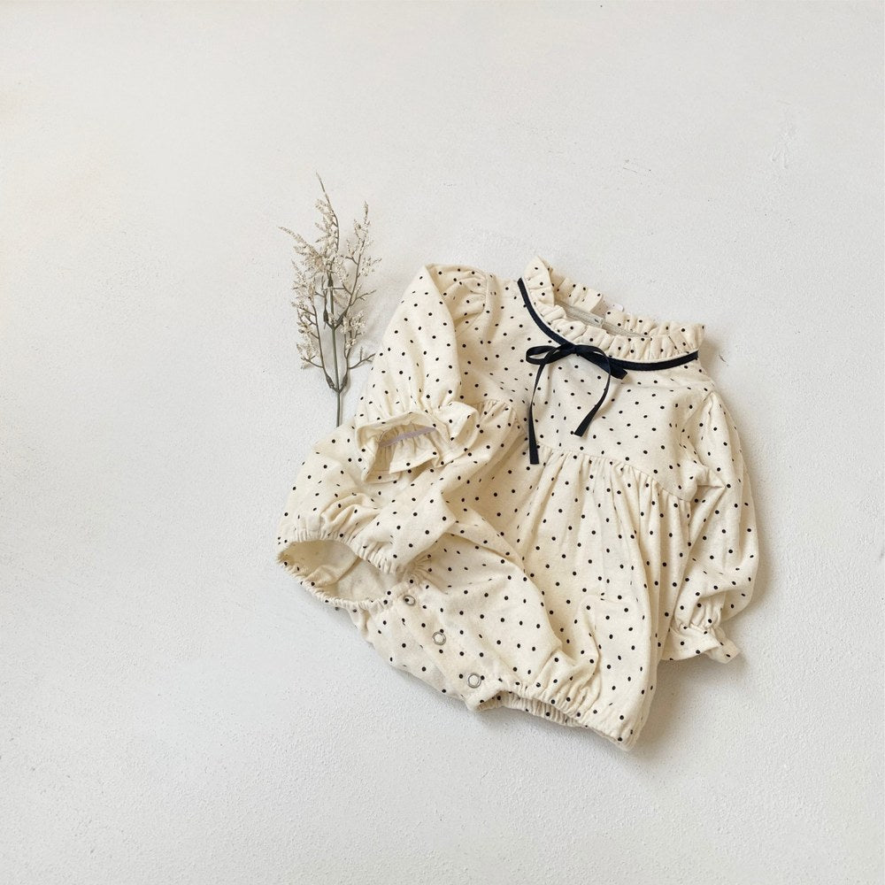 Baby Girls Long Sleeves Vintage Dots Pattern Bloom Collar Bodysuit