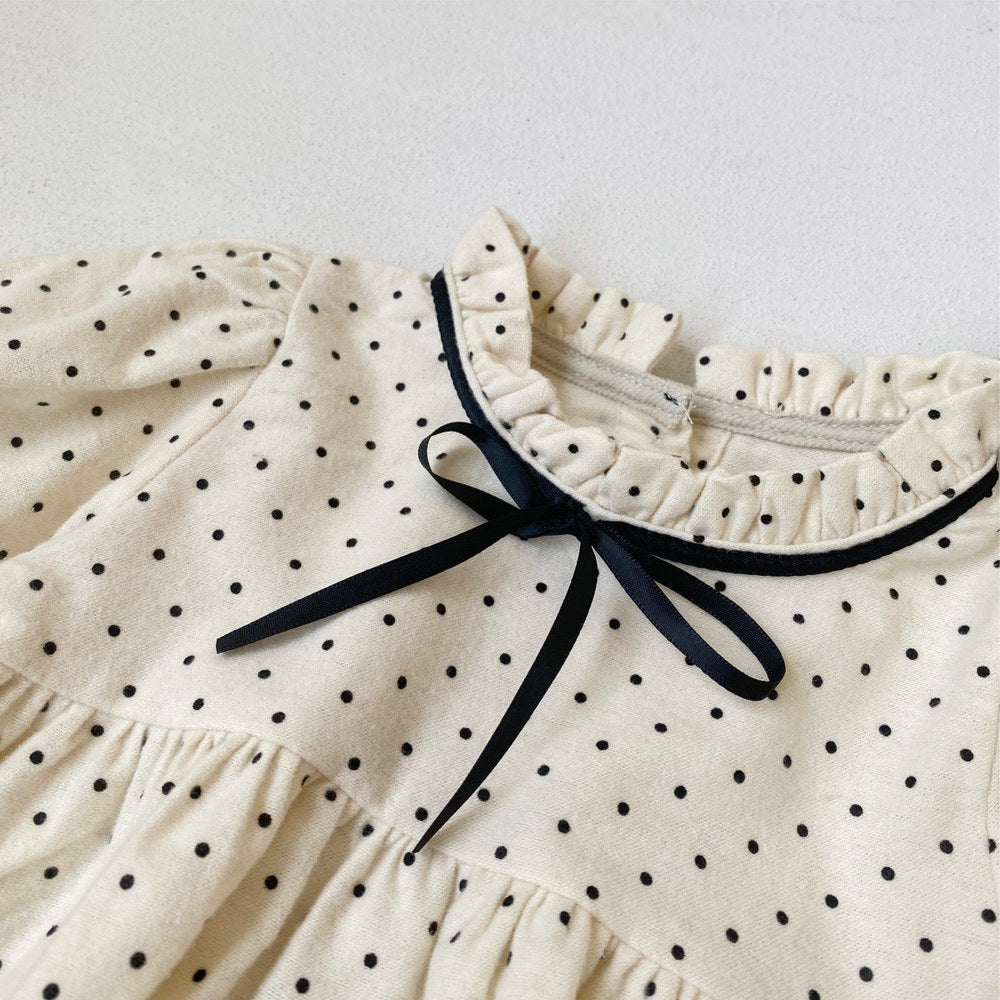 Baby Girls Long Sleeves Vintage Dots Pattern Bloom Collar Bodysuit