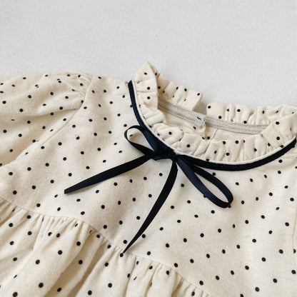 Baby Girls Long Sleeves Vintage Dots Pattern Bloom Collar Bodysuit