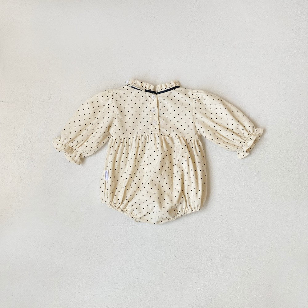 Baby Girls Long Sleeves Vintage Dots Pattern Bloom Collar Bodysuit