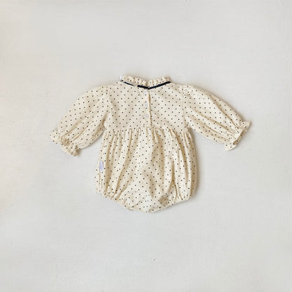 Baby Girls Long Sleeves Vintage Dots Pattern Bloom Collar Bodysuit