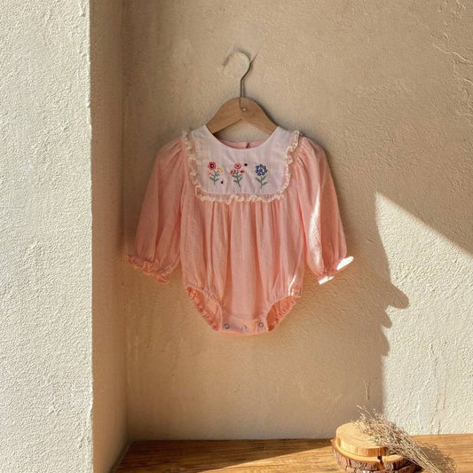 Baby Girls Long Sleeves Flowers Embroidered Bodysuit