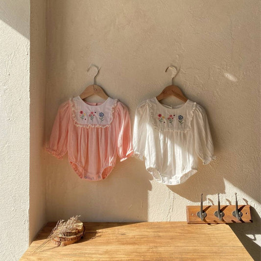 Baby Girls Long Sleeves Flowers Embroidered Bodysuit