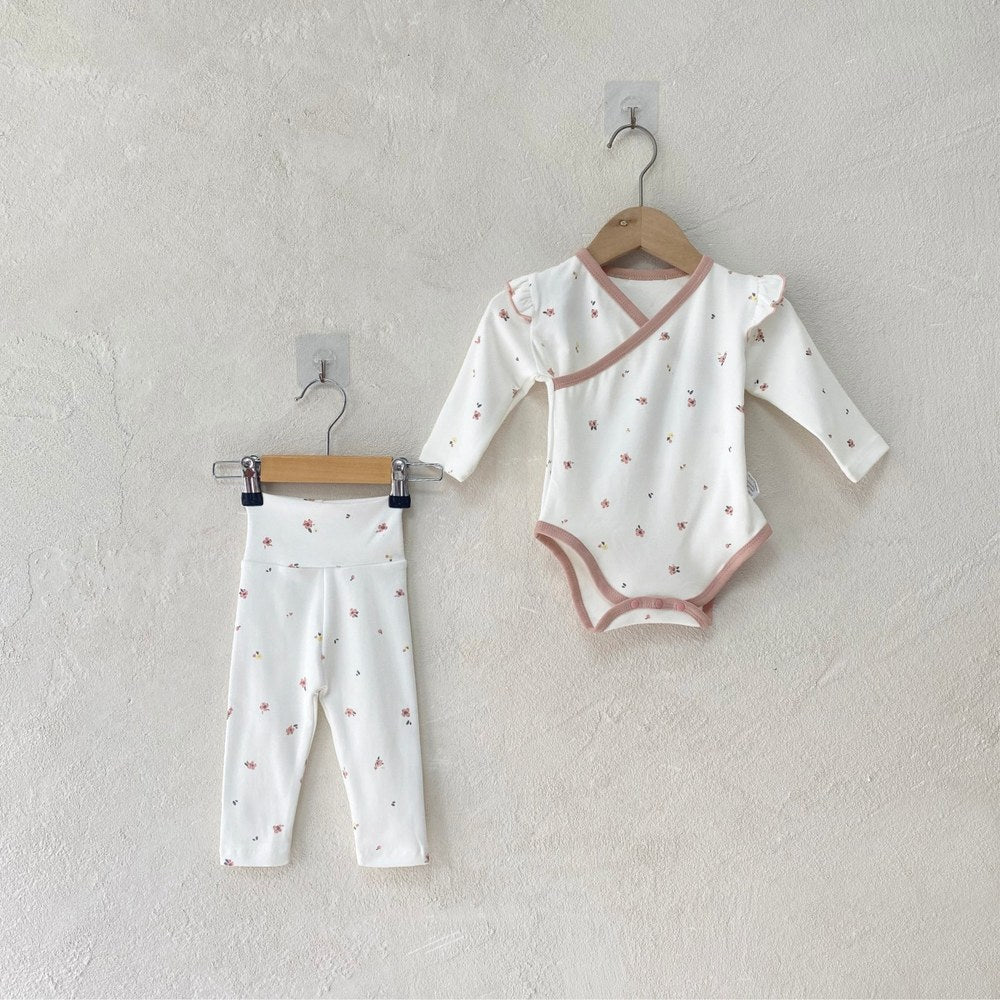 Baby Kids Long Sleeves V Neck Bodysuit and Pants 2-piece Pajamas Set