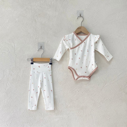 Baby Kids Long Sleeves V Neck Bodysuit and Pants 2-piece Pajamas Set