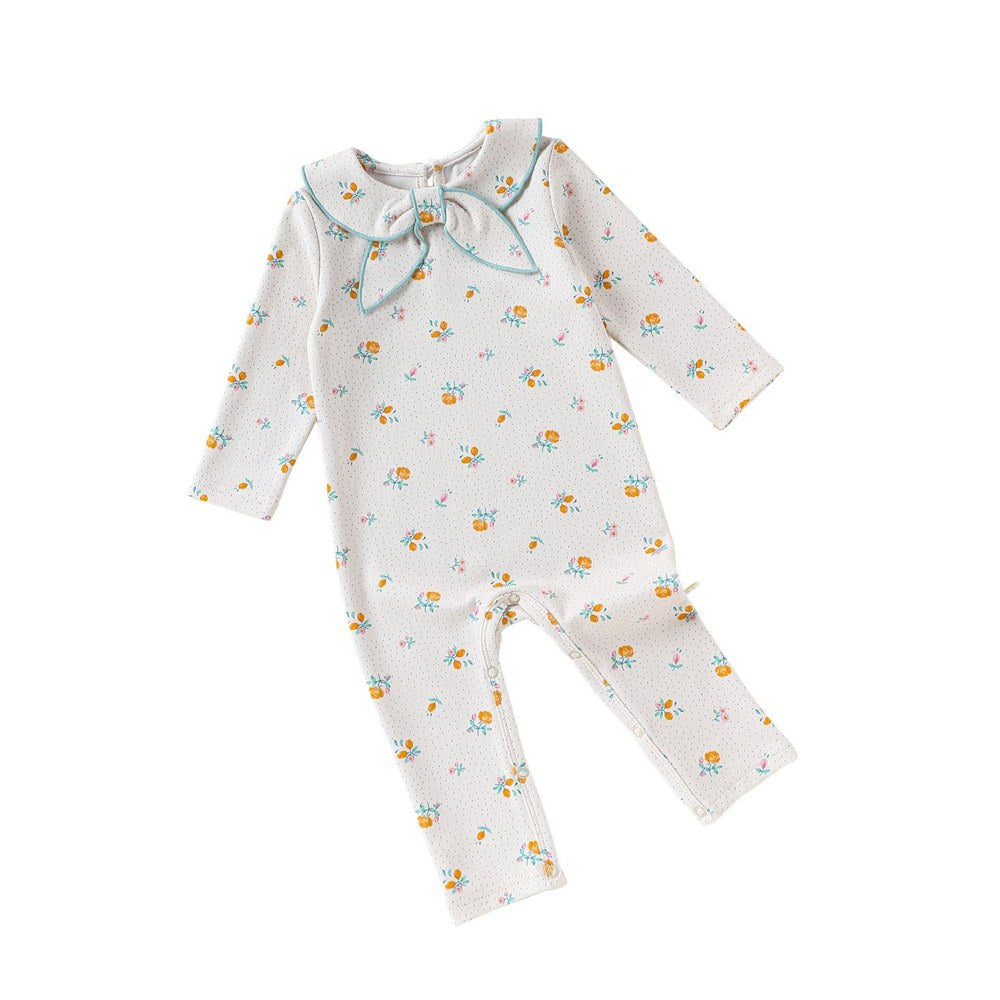 Baby Kids Unisex Long Sleeves Floral Pattern Navy Collar Rompers