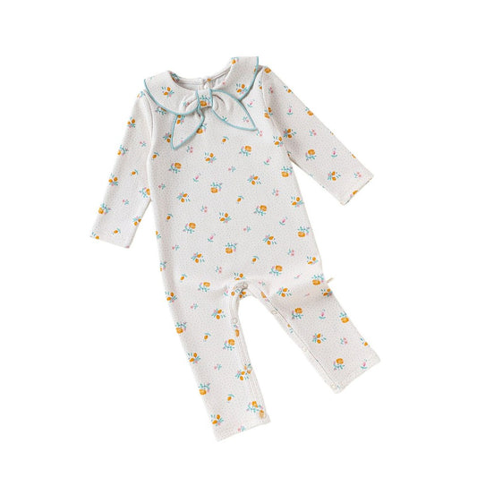 Baby Kids Unisex Long Sleeves Floral Pattern Navy Collar Rompers