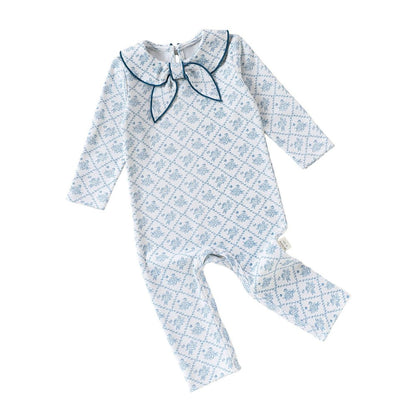 Baby Kids Unisex Long Sleeves Floral Pattern Navy Collar Rompers
