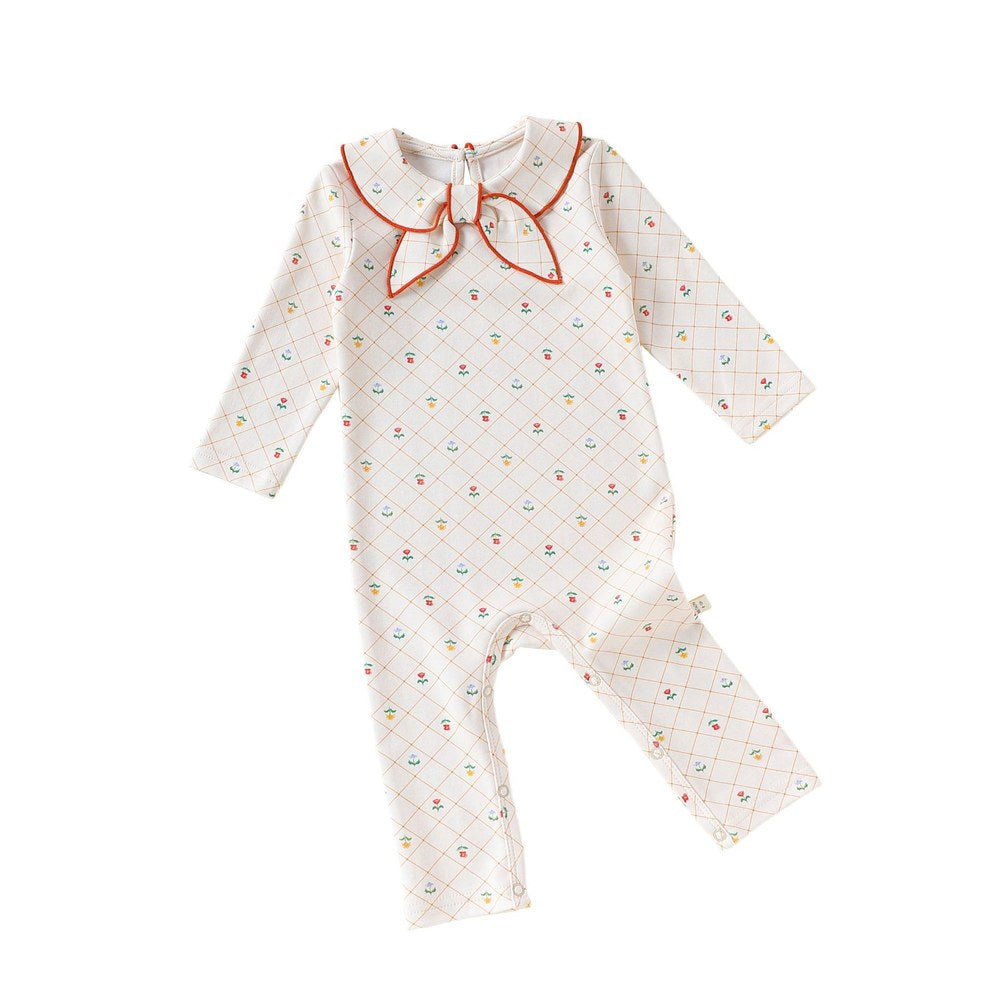 Baby Kids Unisex Long Sleeves Floral Pattern Navy Collar Rompers