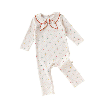 Baby Kids Unisex Long Sleeves Floral Pattern Navy Collar Rompers