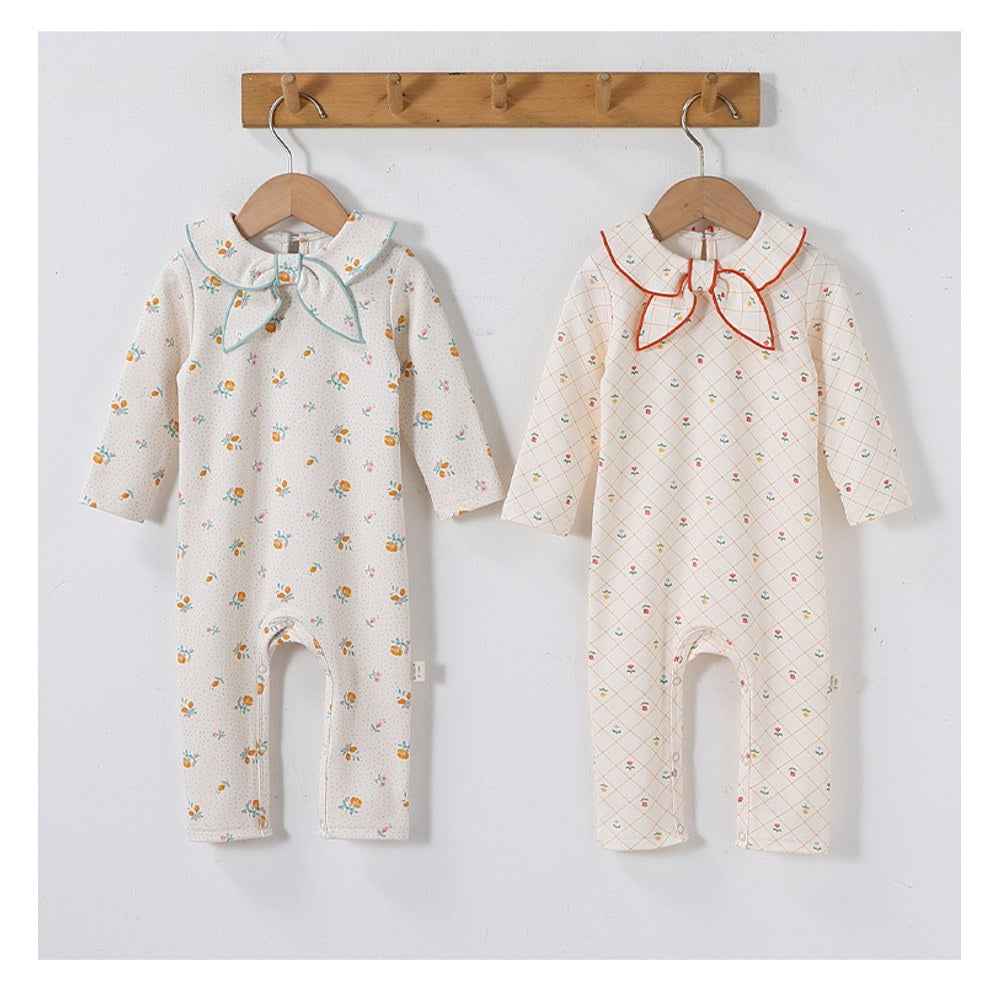 Baby Kids Unisex Long Sleeves Floral Pattern Navy Collar Rompers