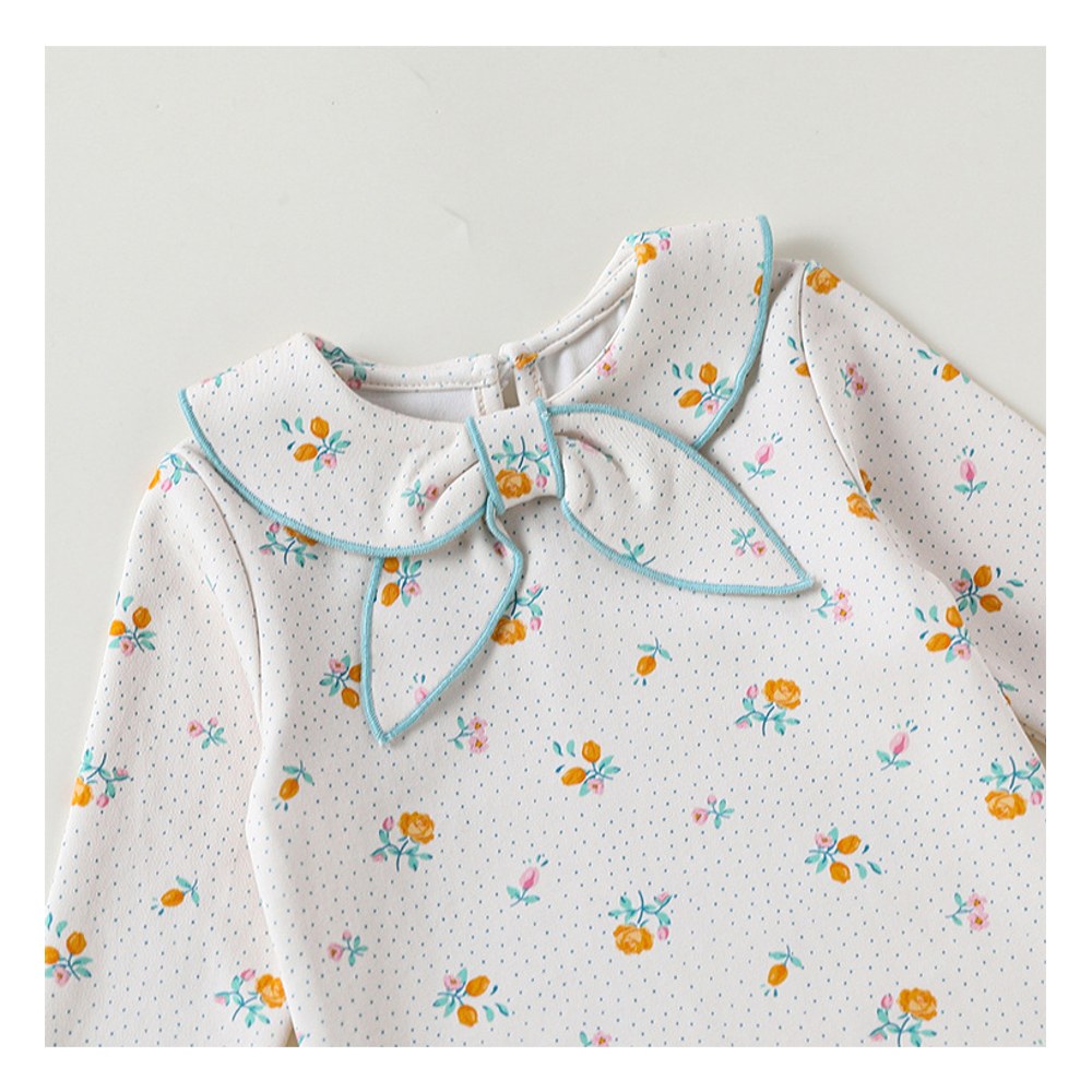 Baby Kids Unisex Long Sleeves Floral Pattern Navy Collar Rompers