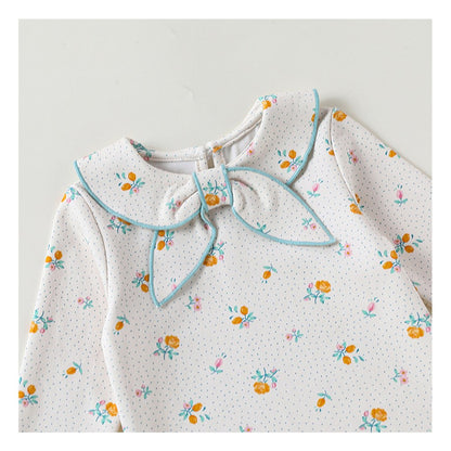Baby Kids Unisex Long Sleeves Floral Pattern Navy Collar Rompers