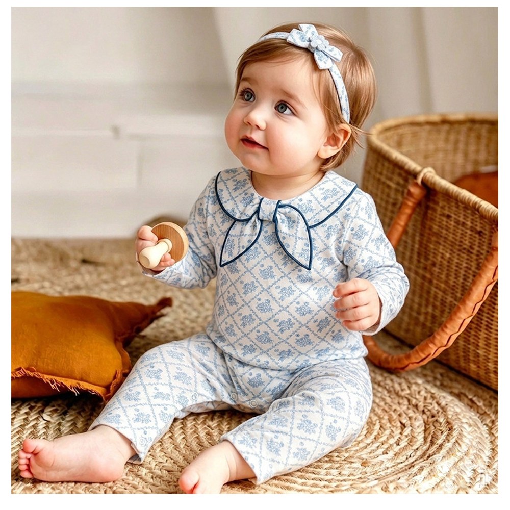Baby Kids Unisex Long Sleeves Floral Pattern Navy Collar Rompers