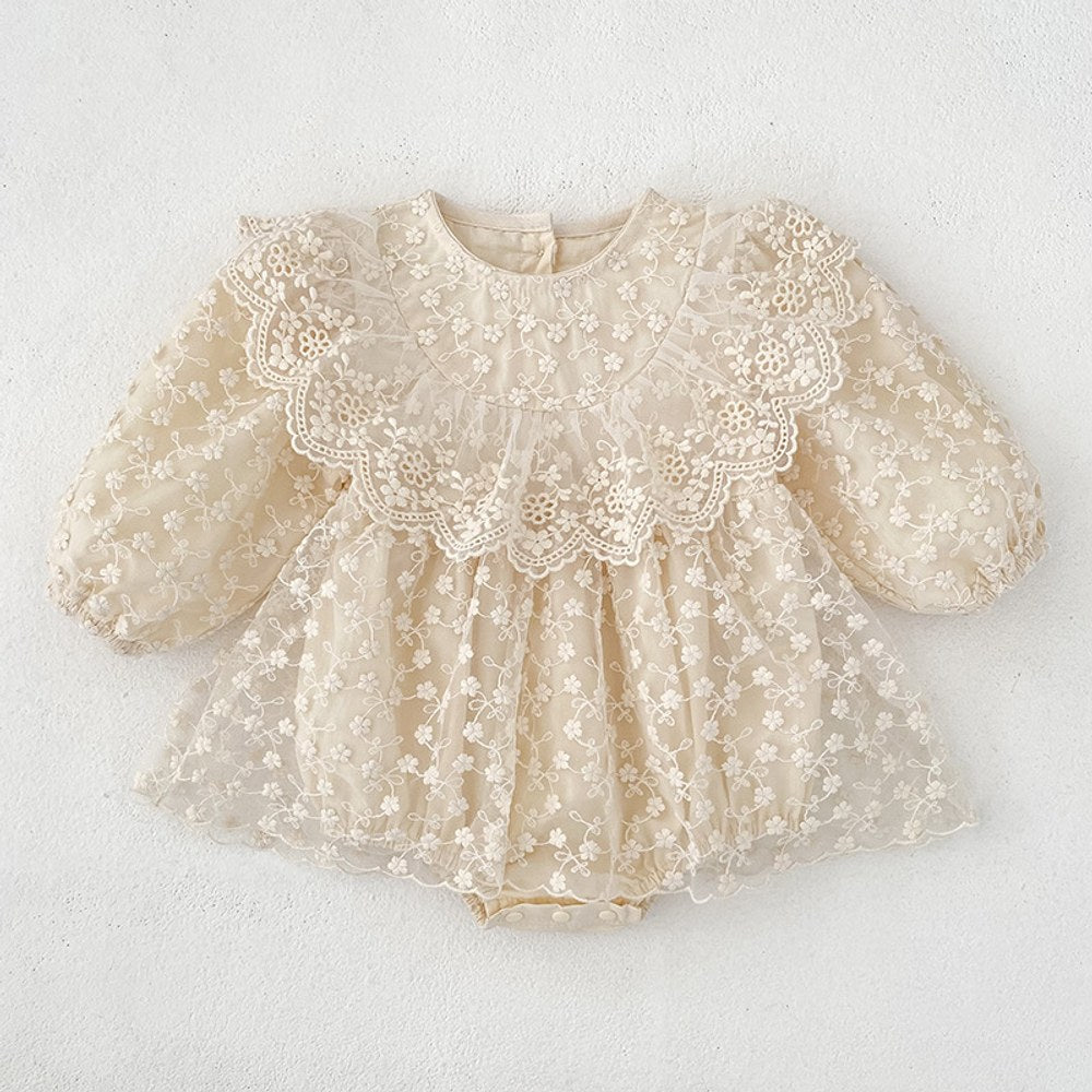 Flowers Embroidered Lace Baby Kids Girls Princess Long Sleeves Bodysuit Dress