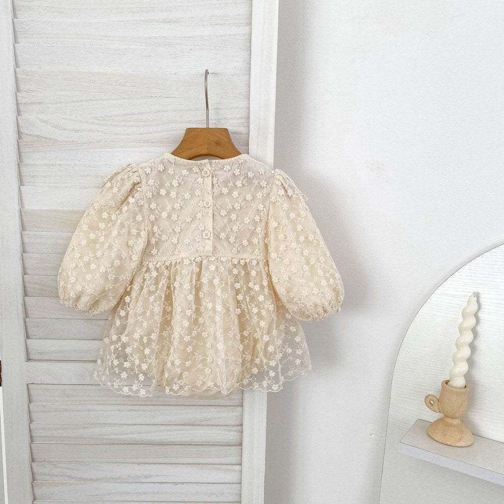 Flowers Embroidered Lace Baby Kids Girls Princess Long Sleeves Bodysuit Dress