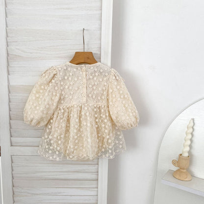 Flowers Embroidered Lace Baby Kids Girls Princess Long Sleeves Bodysuit Dress
