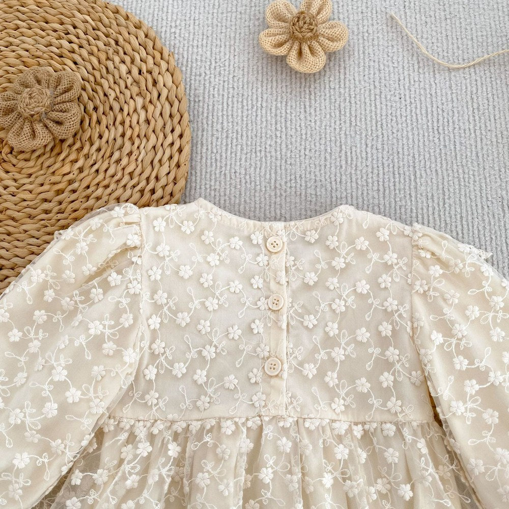 Flowers Embroidered Lace Baby Kids Girls Princess Long Sleeves Bodysuit Dress