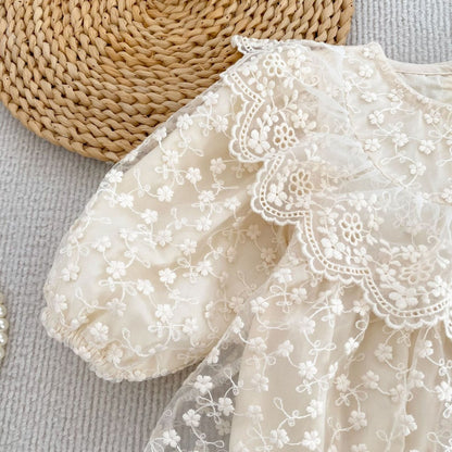 Flowers Embroidered Lace Baby Kids Girls Princess Long Sleeves Bodysuit Dress