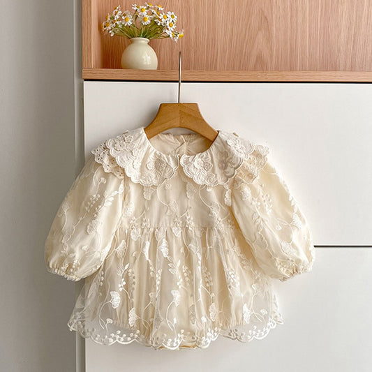 Flowers Embroidered Lace Baby Kids Girls Princess Long Sleeves Bodysuit Dress