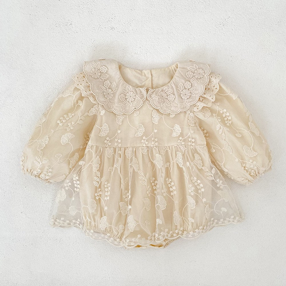 Flowers Embroidered Lace Baby Kids Girls Princess Long Sleeves Bodysuit Dress