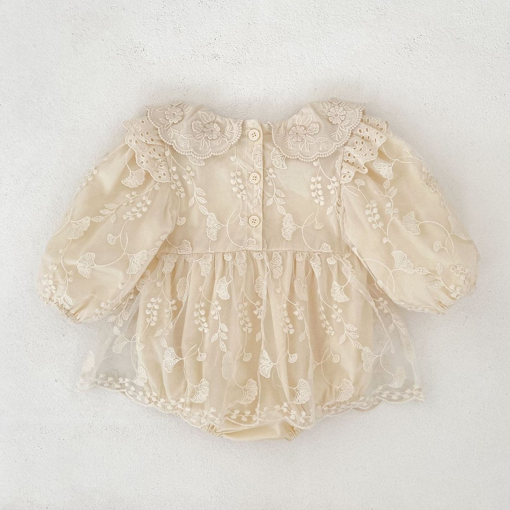 Flowers Embroidered Lace Baby Kids Girls Princess Long Sleeves Bodysuit Dress