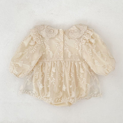 Flowers Embroidered Lace Baby Kids Girls Princess Long Sleeves Bodysuit Dress