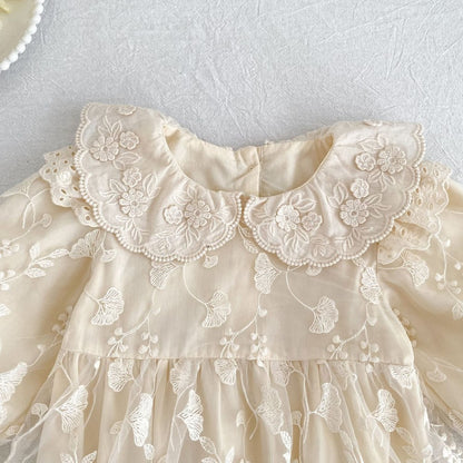 Flowers Embroidered Lace Baby Kids Girls Princess Long Sleeves Bodysuit Dress
