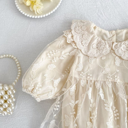 Flowers Embroidered Lace Baby Kids Girls Princess Long Sleeves Bodysuit Dress