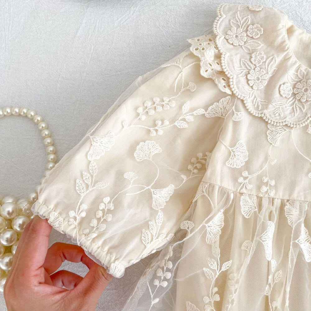 Flowers Embroidered Lace Baby Kids Girls Princess Long Sleeves Bodysuit Dress