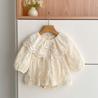 Baby Kids Girls Flowers Embroidered Lace Long Sleeves Bodysuit Dress