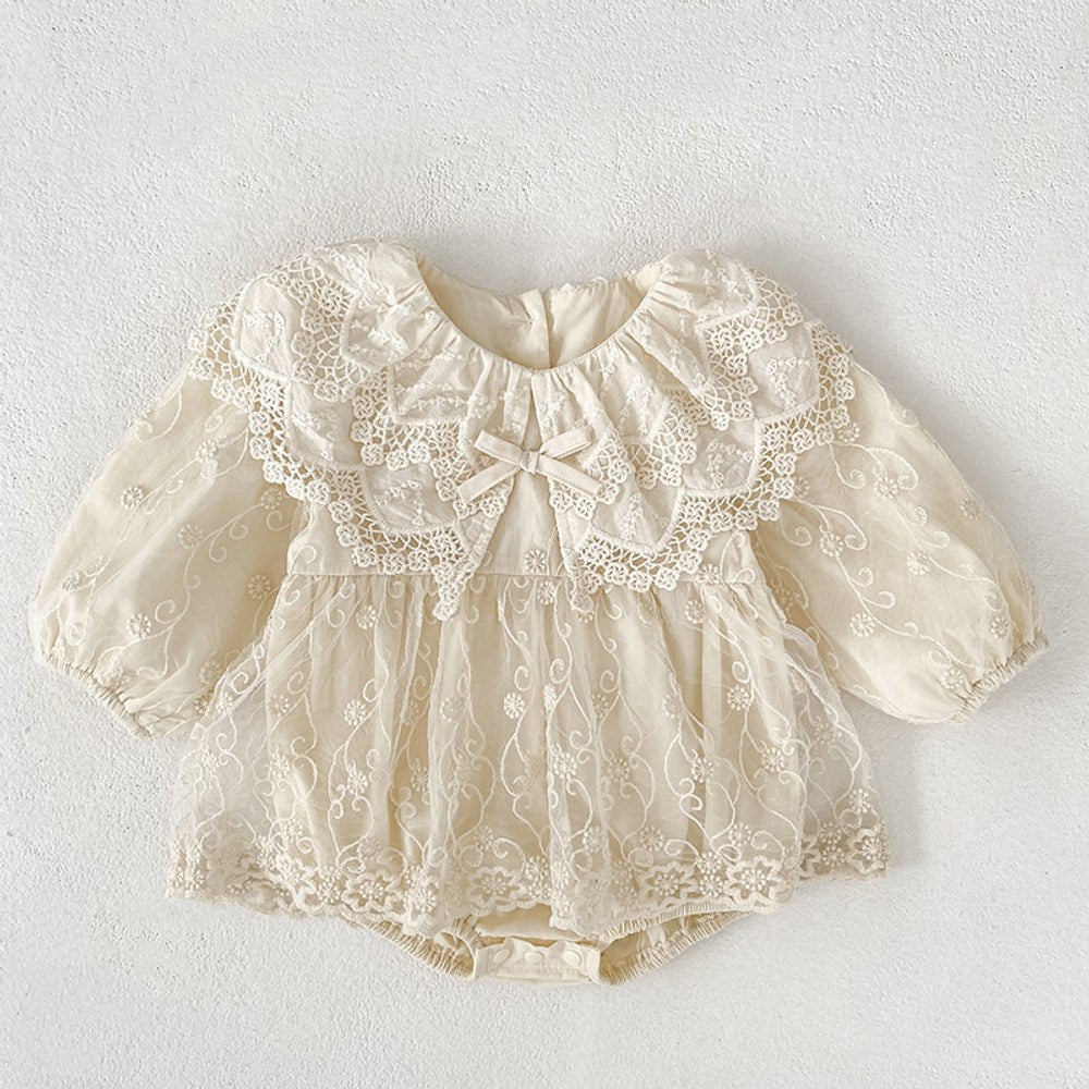 Baby Kids Girls Flowers Embroidered Lace Long Sleeves Bodysuit Dress