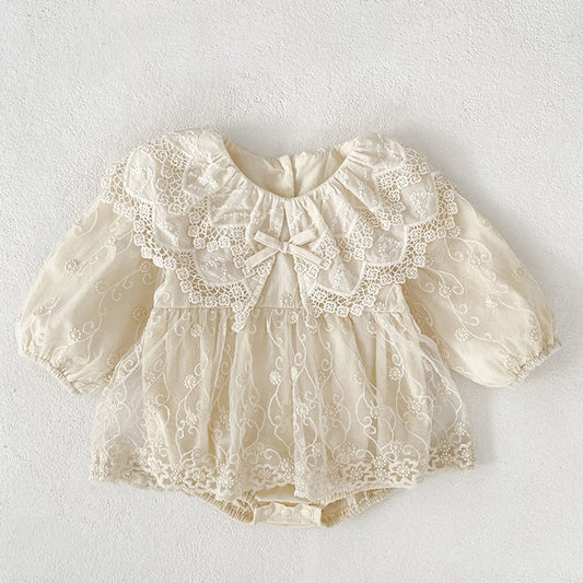 Baby Kids Girls Flowers Embroidered Lace Long Sleeves Bodysuit Dress