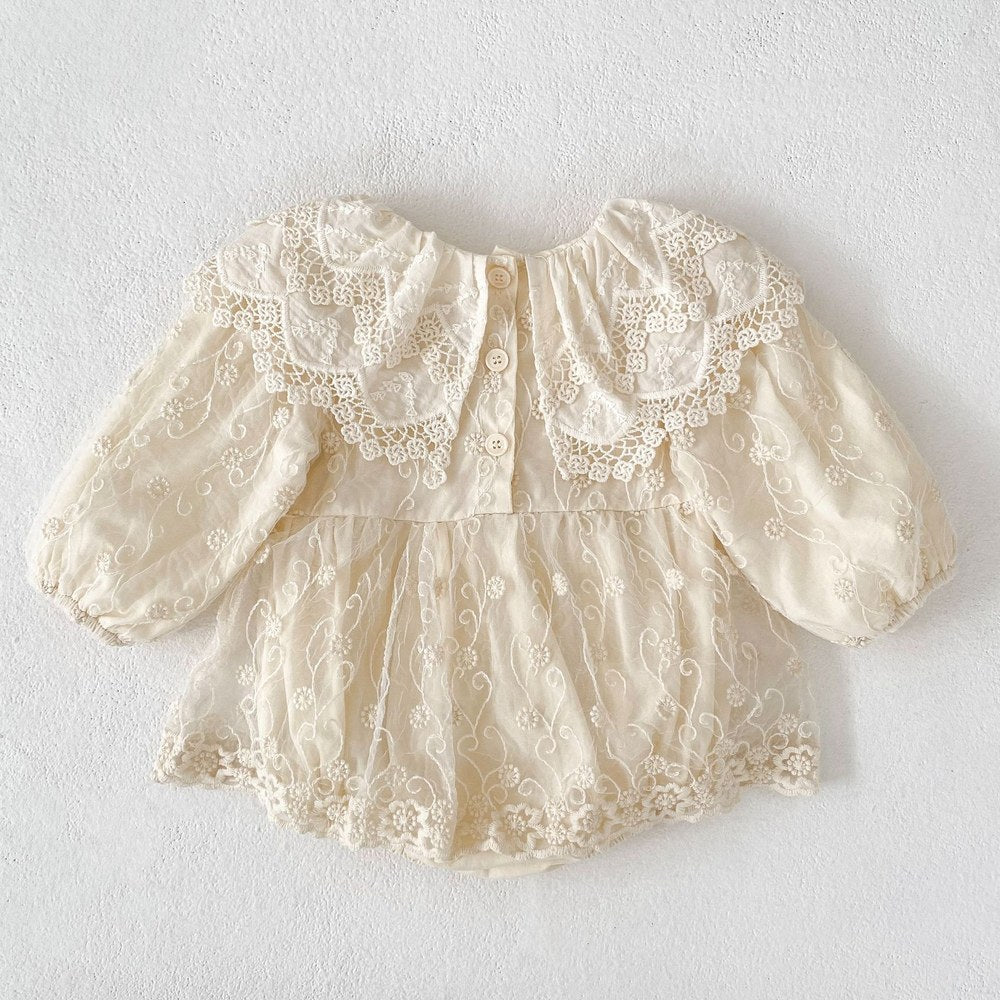 Baby Kids Girls Flowers Embroidered Lace Long Sleeves Bodysuit Dress