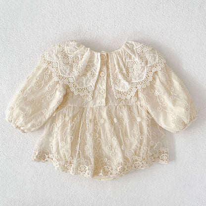Baby Kids Girls Flowers Embroidered Lace Long Sleeves Bodysuit Dress
