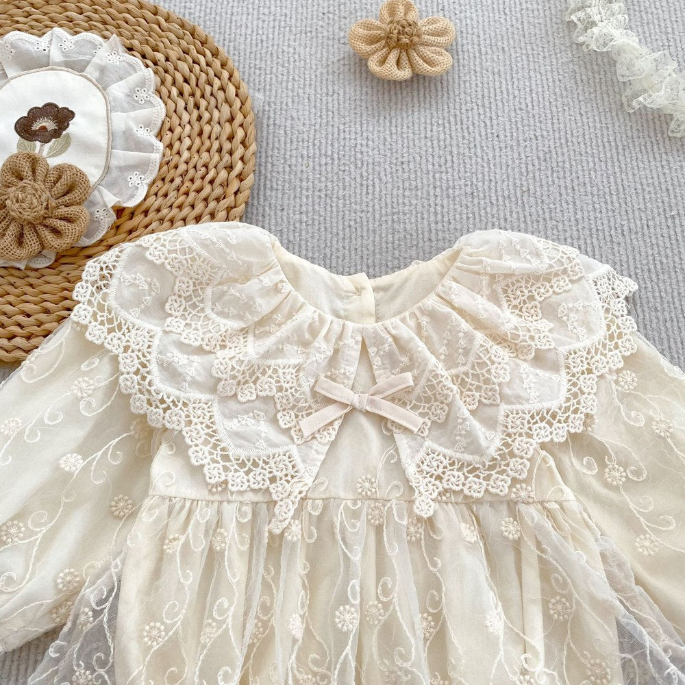 Baby Kids Girls Flowers Embroidered Lace Long Sleeves Bodysuit Dress