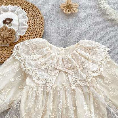 Baby Kids Girls Flowers Embroidered Lace Long Sleeves Bodysuit Dress