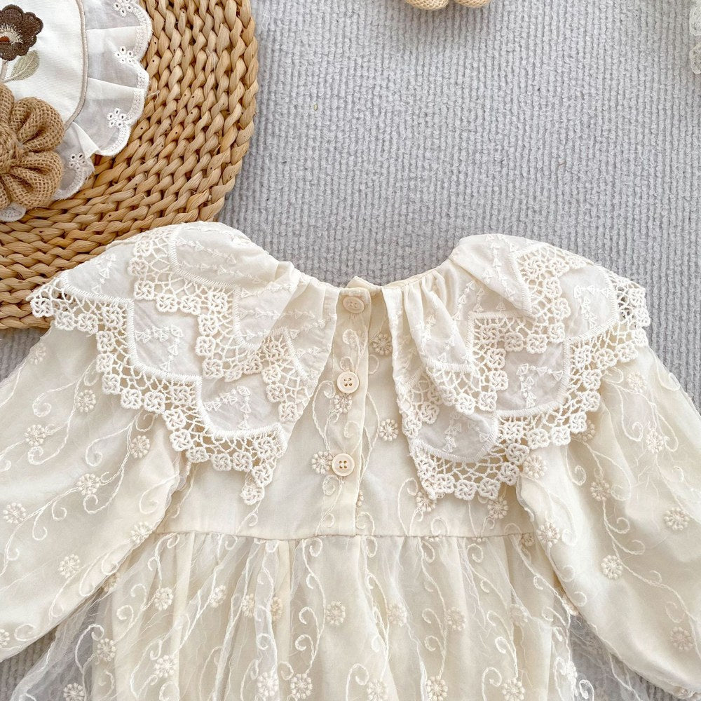 Baby Kids Girls Flowers Embroidered Lace Long Sleeves Bodysuit Dress