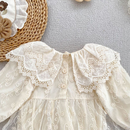Baby Kids Girls Flowers Embroidered Lace Long Sleeves Bodysuit Dress