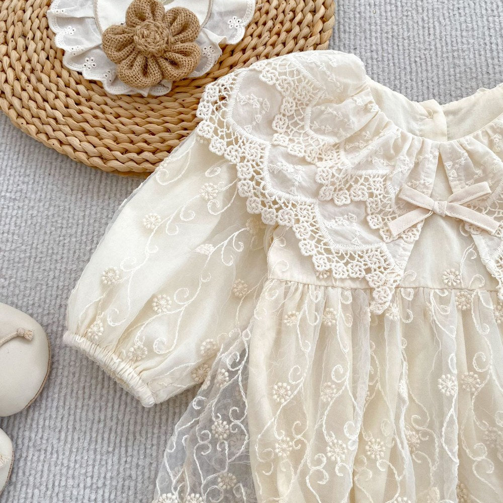 Baby Kids Girls Flowers Embroidered Lace Long Sleeves Bodysuit Dress