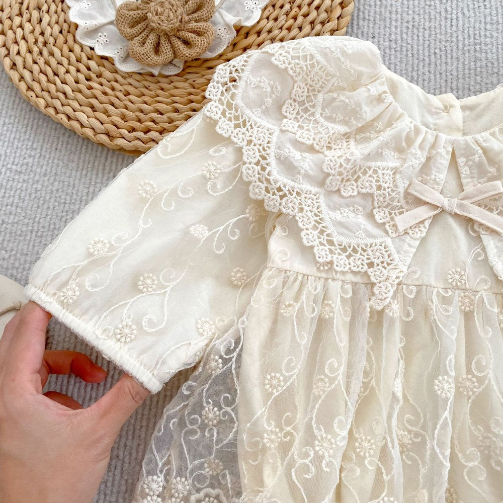 Baby Kids Girls Flowers Embroidered Lace Long Sleeves Bodysuit Dress