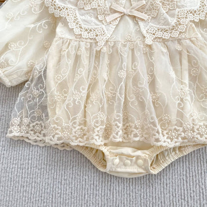 Baby Kids Girls Flowers Embroidered Lace Long Sleeves Bodysuit Dress