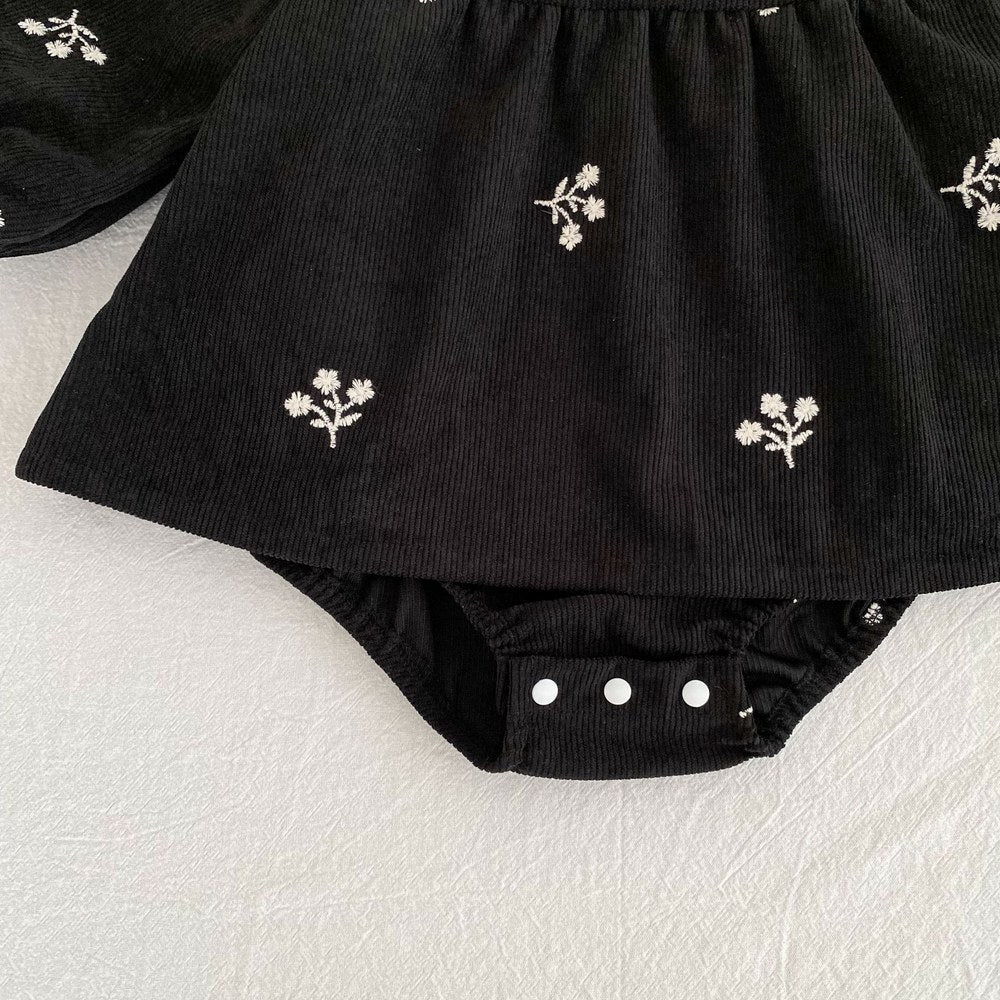 Baby Kids Girls Flowers Embroidered Long Sleeves Bodysuit Dress