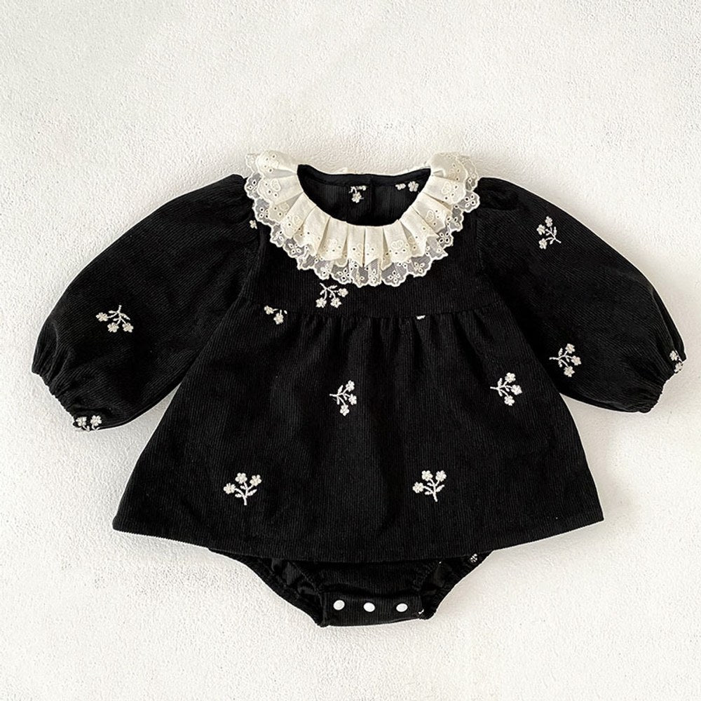 Baby Kids Girls Flowers Embroidered Long Sleeves Bodysuit Dress