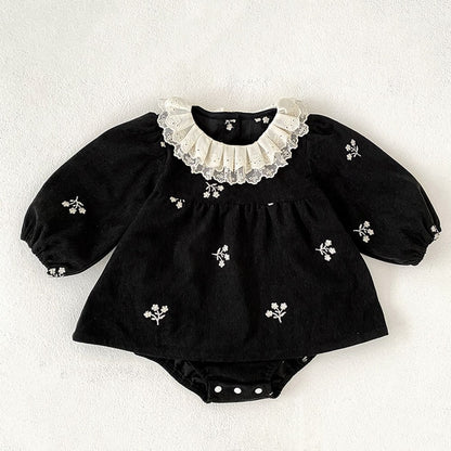 Baby Kids Girls Flowers Embroidered Long Sleeves Bodysuit Dress