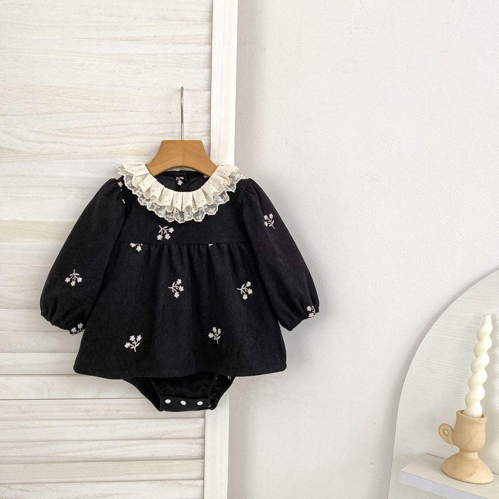 Baby Kids Girls Flowers Embroidered Long Sleeves Bodysuit Dress