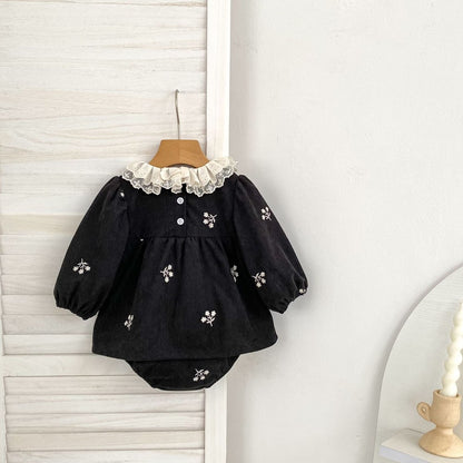 Baby Kids Girls Flowers Embroidered Long Sleeves Bodysuit Dress