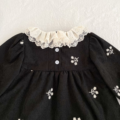 Baby Kids Girls Flowers Embroidered Long Sleeves Bodysuit Dress